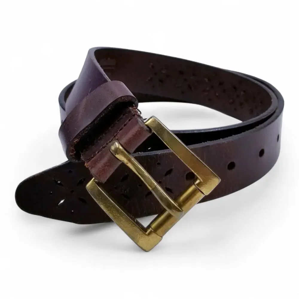 Leather Belt Brown Perforated Leather w/ Brass Buckle Made in India - Size M/L